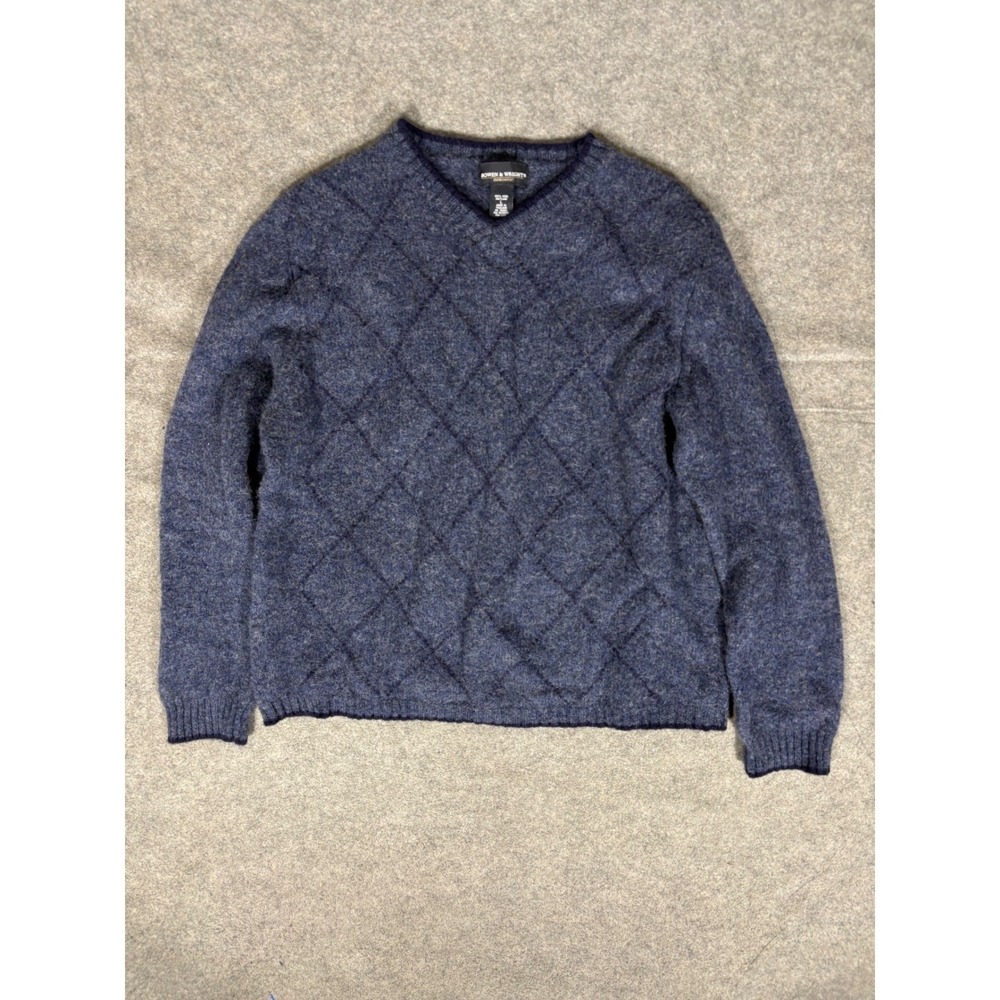 Bowen & Wrights Mens Blue 100% Shetland Wool V-Neck‎ Diamond Knit Sweater Large